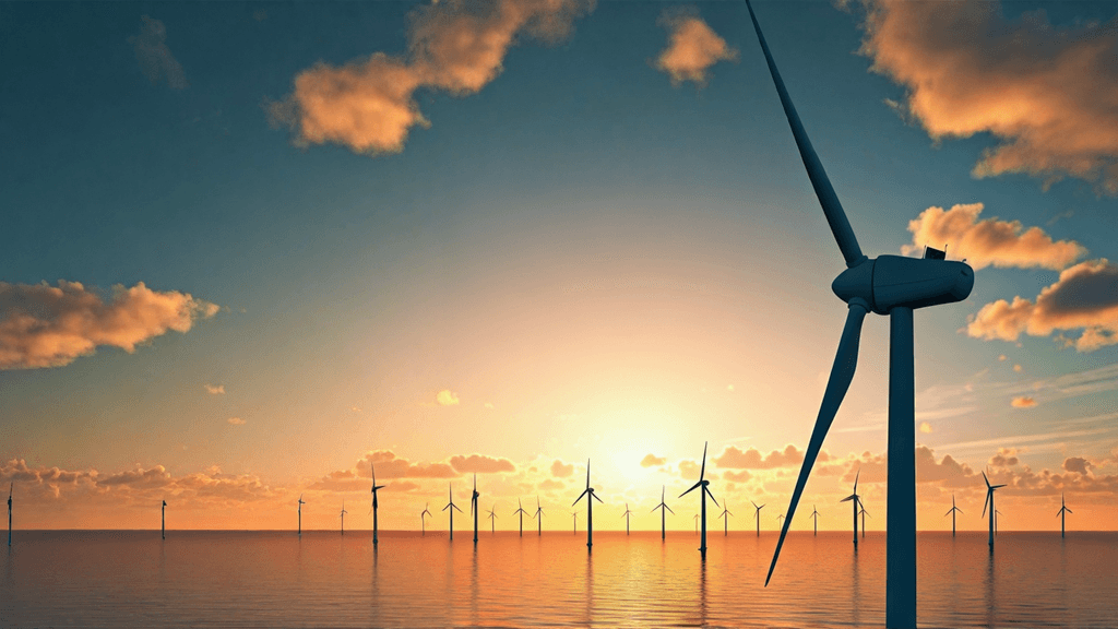 Offshore wind turbines at sunset representing renewable energy