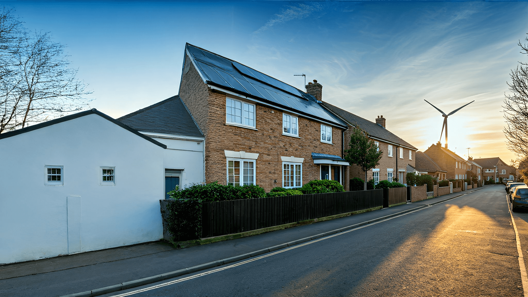 Sustainable housing development with solar panels and community spaces