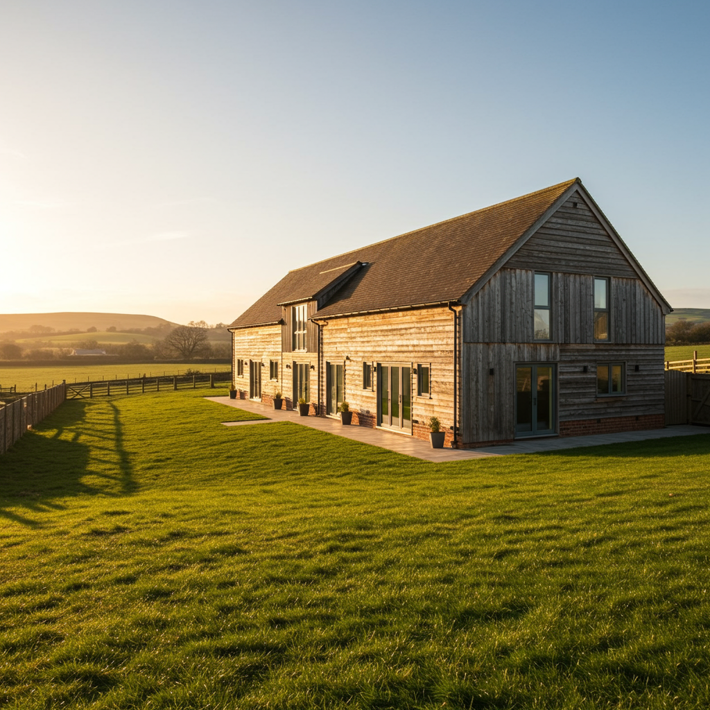 Modern sustainable homes with solar panels and wind turbines